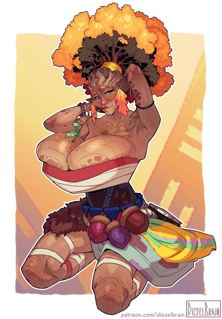 Image 1girls,breasts,breasts_out,clothed,female,highres,looking_at_viewer,solo,sweat,earrings,kneeling,dark_skin,armpits,arms_behind_head,arms_up,cleavage,orange_hair,tattoo,huge_breasts,pointy_ears,dark-skinned_female,yellow_hair,brown_body,brown_skin,plant_girl,plant_humanoid,hades_(game),afro,brown-skinned_female,plant_hair,dieselbrain,eurydice_(hades),stalk_in_mouth