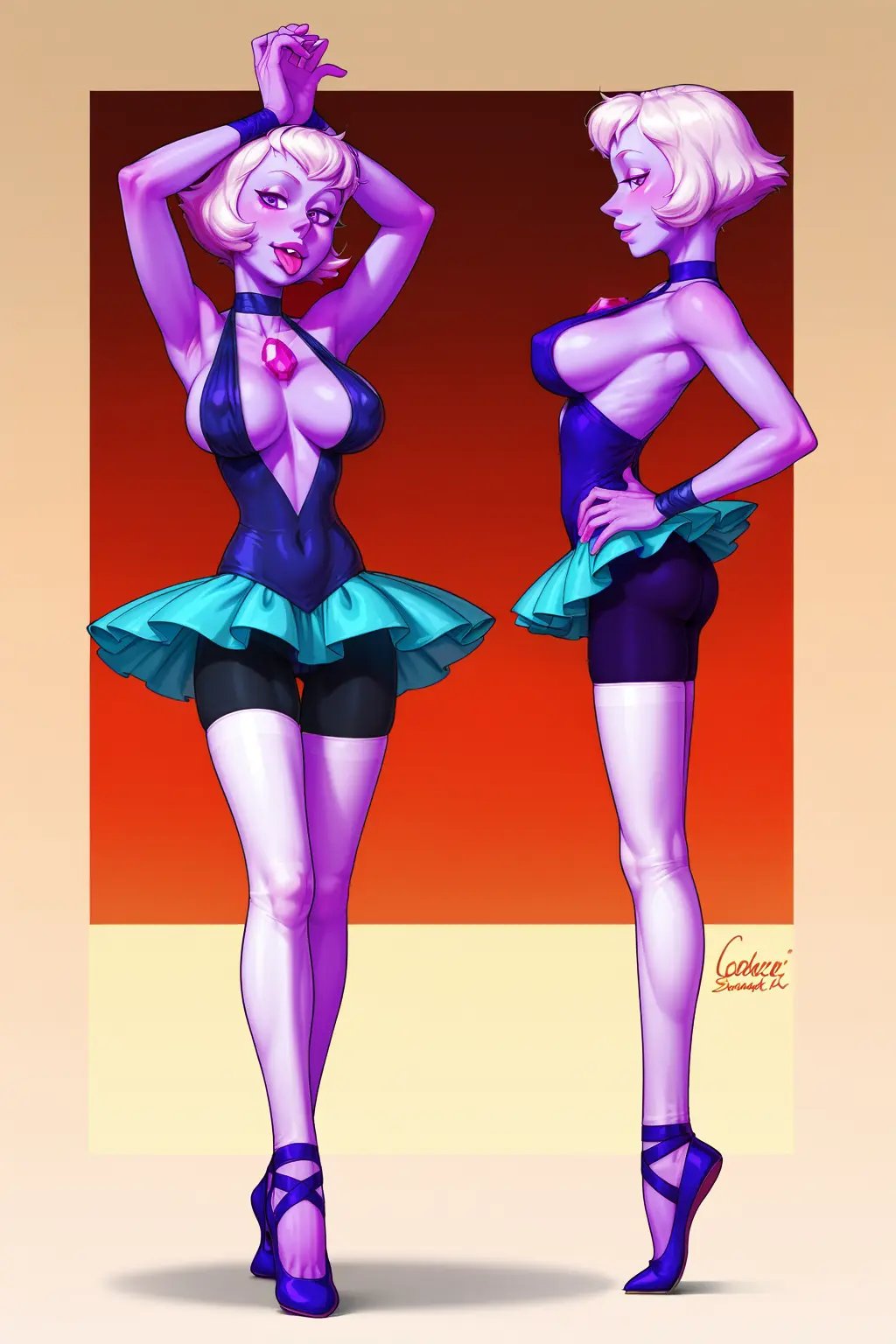 Image big_breasts,breasts,female,tongue_out,big_butt,ai_generated,slim,transformation,concept_art,steven_universe,amethyst_(steven_universe),pearl_(steven_universe),crystal_gem,slender,shapeshifter,ballerina,bookoflustfan,imposter