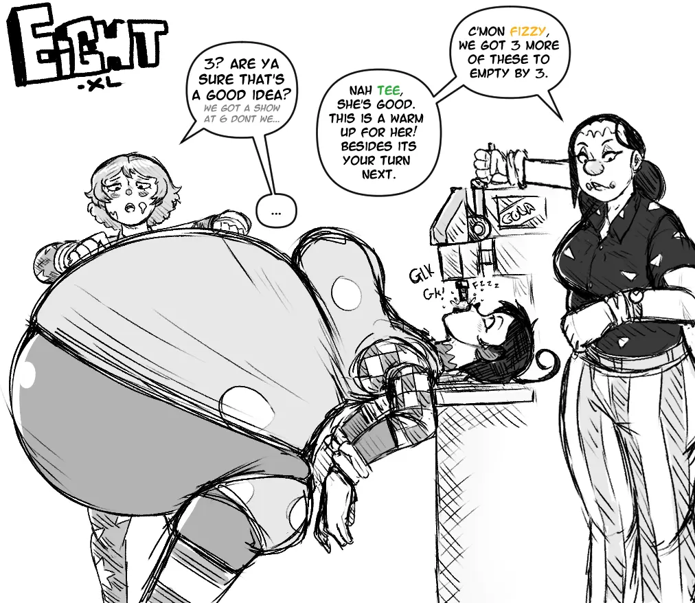 Image big_breasts,breasts,female,female_only,multiple_girls,belly,huge_belly,text,dialogue,3girls,text_bubble,bloated_belly,onomatopoeia,clown_makeup,clown_nose,soda,eightxl,dana_(eightxl),fizz_(eightxl),food_inflation,soda_fountain,tina_(eightxl)