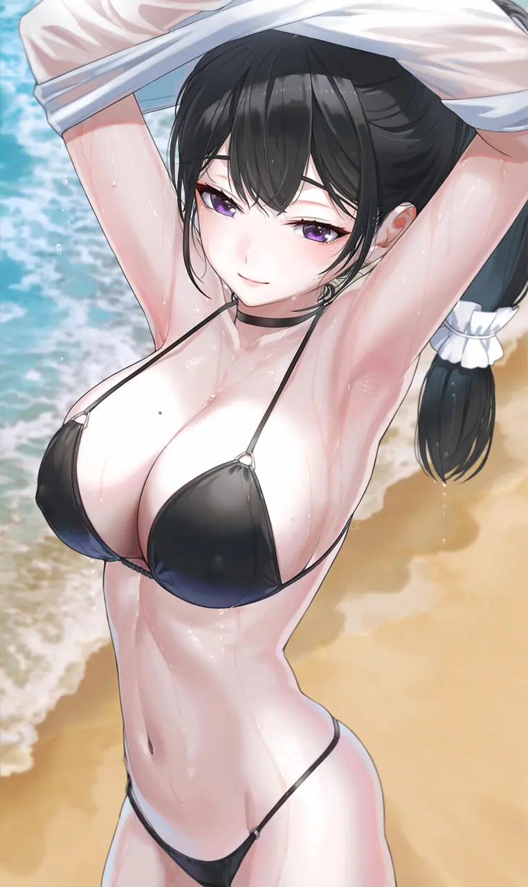 Image 1girls,breasts,female,highres,large_breasts,long_hair,looking_at_viewer,shirt,smile,solo,black_hair,navel,choker,bikini,thighs,beach,armpits,arms_up,bare_shoulders,cleavage,collarbone,covered_nipples,swimsuit,original,mole,mole_on_breast,purple_eyes,wet,lifted_by_self,closed_mouth,white_shirt,strap_gap,black_choker,clothes_lift,shirt_lift,stomach,black_bikini,wet_clothes,wet_shirt,low-tied_long_hair,revision,kfr
