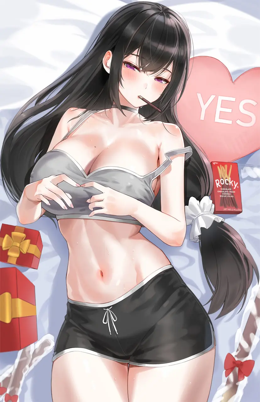 Image 1girls,blush,breasts,female,highres,large_breasts,long_hair,looking_at_viewer,solo,black_hair,navel,lying,on_back,underwear,thighs,sports_bra,bare_shoulders,cleavage,collarbone,original,purple_eyes,mouth_hold,black_shorts,shorts,low_ponytail,box,short_shorts,food,gift,gift_box,dolphin_shorts,grey_sports_bra,kfr,pocky