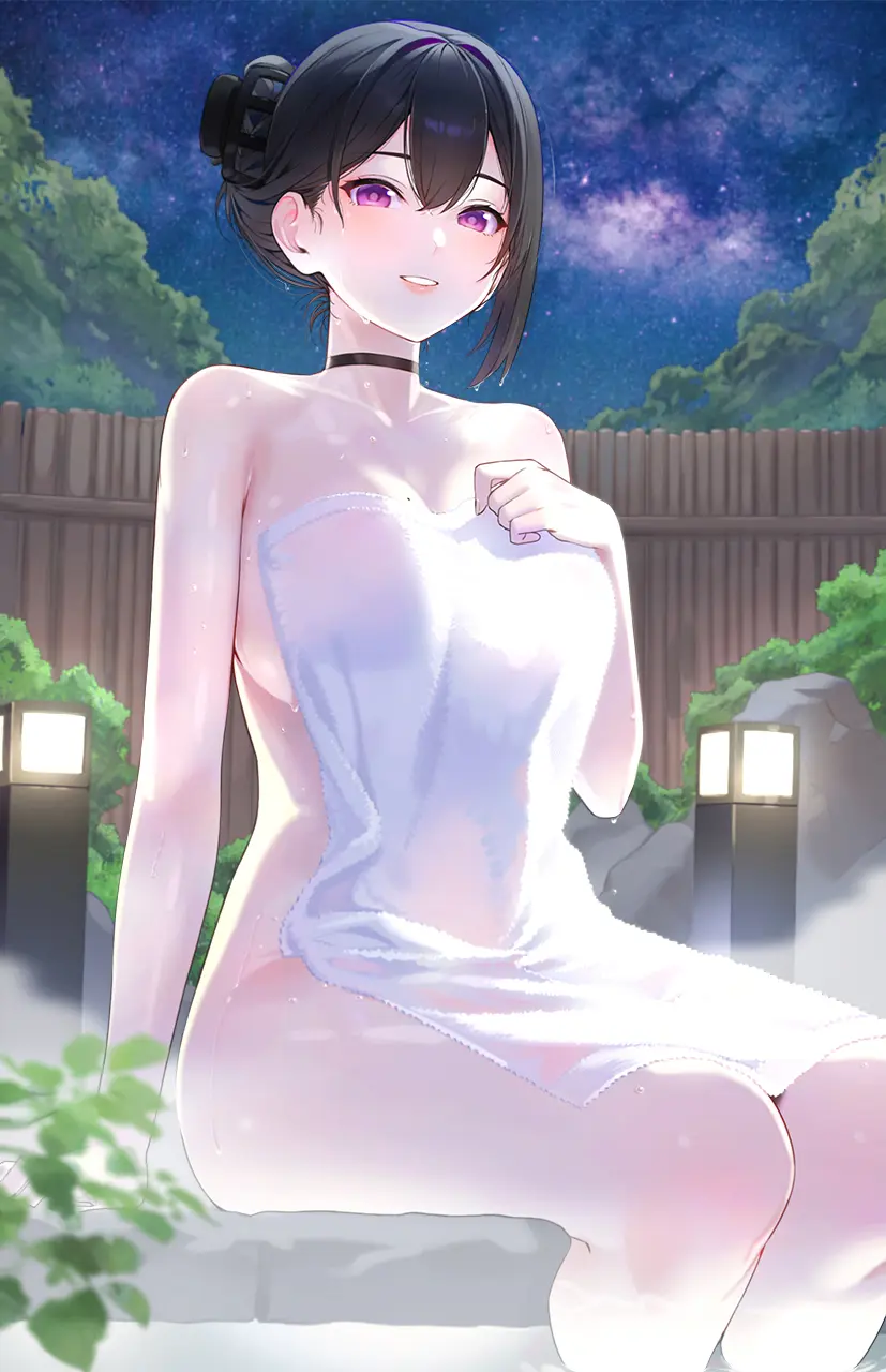 Image 1girls,breasts,female,hair_ornament,highres,large_breasts,looking_at_viewer,smile,solo,black_hair,short_hair,choker,thighs,sky,collarbone,hairclip,parted_lips,sitting,original,mole,mole_on_breast,purple_eyes,wet,hair_between_eyes,outdoors,night,black_choker,commentary_request,holding,steam,towel,onsen,night_sky,covering_privates,holding_towel,nude_cover,kfr