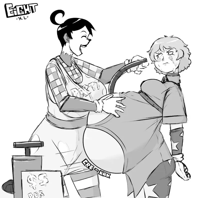 Image female,2girls,multiple_girls,belly,big_belly,inflation,onomatopoeia,clown_makeup,inflated_belly,hose_inflation,eightxl,hose,fizz_(eightxl),tina_(eightxl),bike_pump