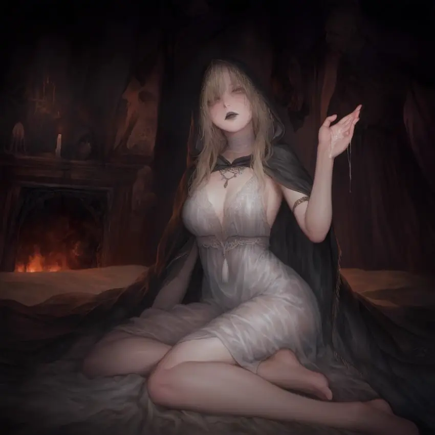 Image female,cum,ai_generated,on_bed,cum_on_hand,elden_ring,pumpkinseed,moody,fia_the_deathbed_companion