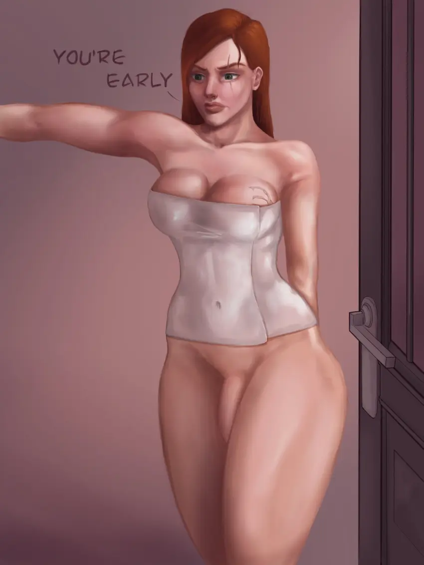 Image big_breasts,breasts,clothed,clothing,human,light_skin,solo,standing,penis,red_hair,1futa,futanari,intersex,light-skinned_futa,tattoo,text,green_eyes,futa_only,flaccid,dialogue,bottomless,english_text,partially_clothed,solo_futa,towel,league_of_legends,scar,scar_across_eye,katarina_du_couteau,nasoloda