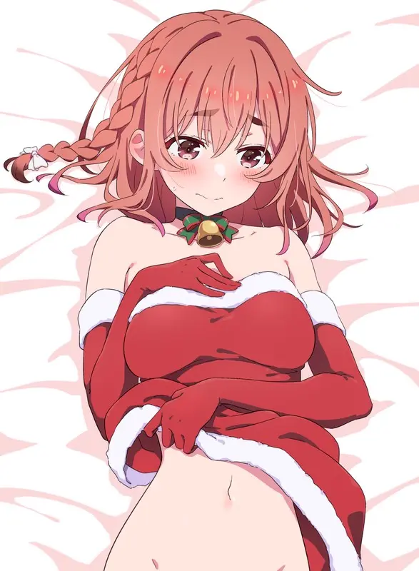 Image 1girls,blush,breasts,female,highres,red_eyes,solo,absurdres,elbow_gloves,gloves,navel,short_hair,bed_sheet,choker,lying,red_hair,bare_shoulders,collarbone,medium_breasts,dress,on_bed,braid,cute,lying_on_bed,closed_mouth,ribbon,christmas,green_ribbons,red_dress,black_choker,commentary_request,out-of-frame_censoring,single_braid,red_gloves,bell,neck_ribbon,hand_on_own_chest,groin,neck_bell,santa_costume,christmas_outfit,kanojo_okarishimasu,beazy,kiikii_(kitsukedokoro),sakurasawa_sumi