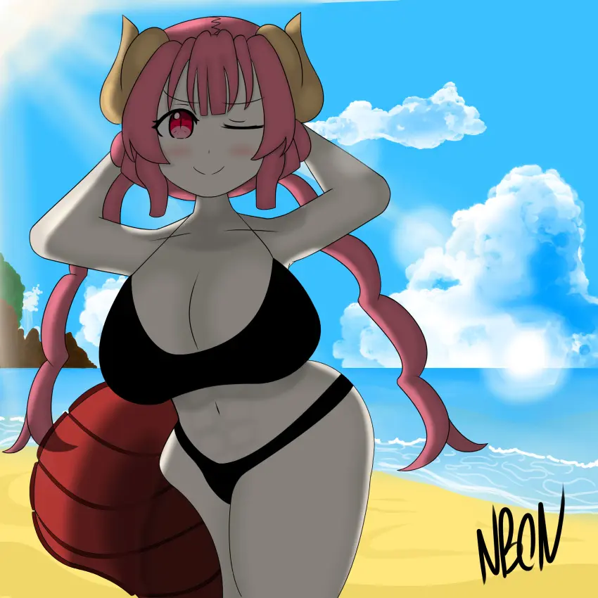 Image 1girls,blush,breasts,female,female_only,looking_at_viewer,red_eyes,smile,short_hair,red_hair,bikini,big_ass,colored,female_focus,thick_thighs,thighs,beach,smiling,ocean,arms_behind_head,cleavage,color,huge_breasts,one_eye_closed,cloud,black_bikini,shortstack,signature,blue_sky,sun,clouds,two_piece_swimsuit,dragon_girl,dragon_tail,long_tail,dragon_horns,kobayashi-san_chi_no_maidragon,long_twintails,ilulu_(dragon_maid),imminent_fart,complex_background,ilulu,black_string_bikini,ilulu_(maidragon)