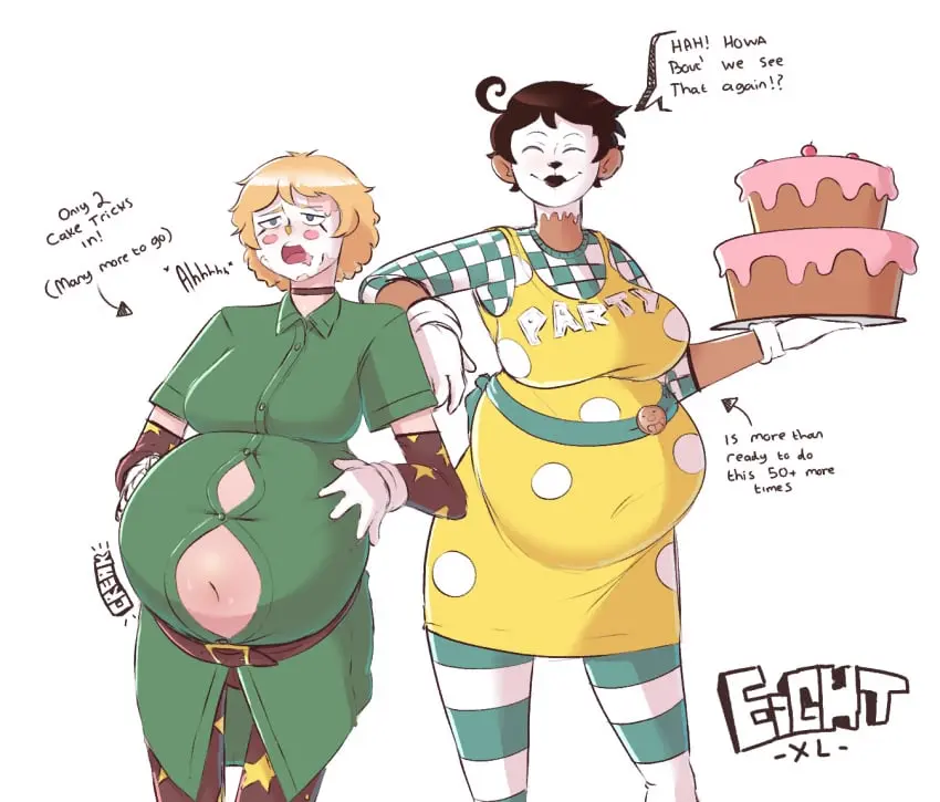 Image female,female_only,2girls,black_hair,multiple_girls,female_focus,belly,big_belly,tan_body,text,dialogue,belt,onomatopoeia,stuffed_belly,button_gap,cake,belly_bulge,eightxl,arrow_(symbol),fizz_(eightxl),tina_(eightxl),belt_around_belly