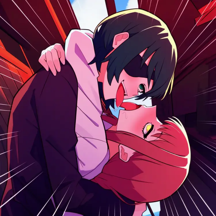 Image blush,female,2girls,ai_generated,yuri,chainsaw_man,french_kiss,eyepatch,makima_(chainsaw_man),himeno_(chainsaw_man),tongue_kiss,french_kissing