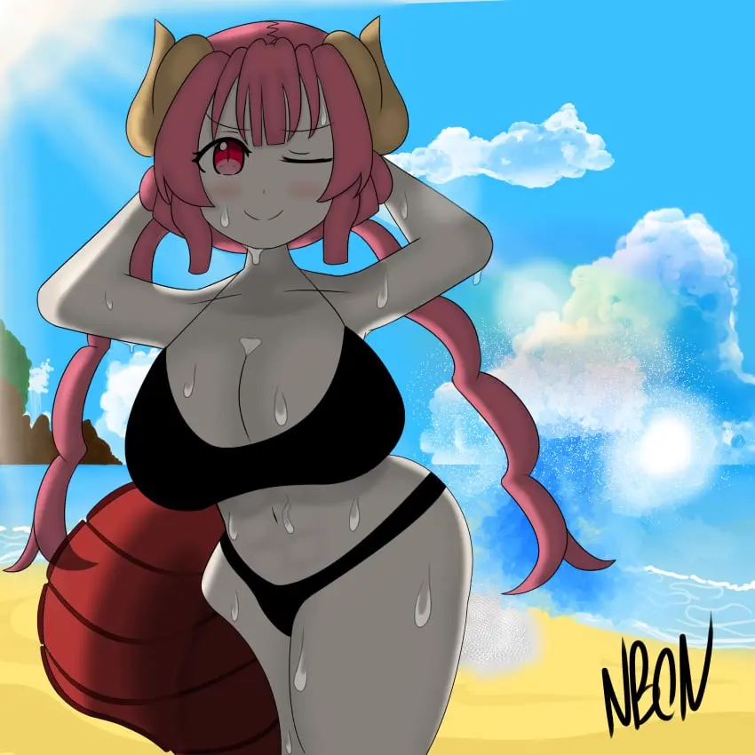 Image 1girls,blush,breasts,female,female_only,looking_at_viewer,red_eyes,smile,short_hair,sweat,red_hair,bikini,big_ass,colored,female_focus,thick_thighs,thighs,beach,smiling,ocean,arms_behind_head,cleavage,color,huge_breasts,one_eye_closed,cloud,black_bikini,shortstack,sweating,signature,blue_sky,sun,clouds,two_piece_swimsuit,dragon_girl,dragon_tail,long_tail,fart,dragon_horns,fart_fetish,miss_kobayashi's_dragon_maid,long_twintails,eproctophillia,ilulu_(dragon_maid),imminent_fart,complex_background,waves,ilulu,black_string_bikini,ilulu_(maidragon),unusual_fart,hyper_fart