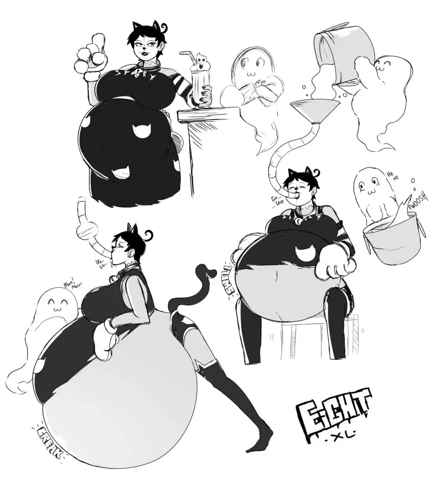 Image 1girls,female,cat_ears,belly,big_belly,huge_belly,ghost,onomatopoeia,stuffed_belly,belly_expansion,eightxl,fizz_(eightxl),cat_costume