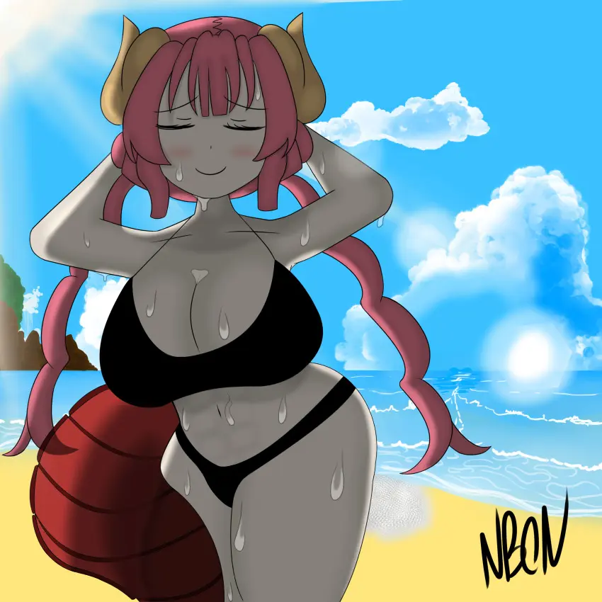 Image 1girls,blush,breasts,female,female_only,looking_at_viewer,red_eyes,smile,short_hair,sweat,red_hair,bikini,big_ass,colored,female_focus,thick_thighs,thighs,beach,smiling,ocean,arms_behind_head,cleavage,color,huge_breasts,cloud,closed_eyes,looking_pleasured,black_bikini,shortstack,sweating,signature,blue_sky,sun,clouds,two_piece_swimsuit,dragon_girl,dragon_tail,long_tail,fart,dragon_horns,fart_fetish,miss_kobayashi's_dragon_maid,long_twintails,eproctophillia,ilulu_(dragon_maid),imminent_fart,complex_background,ilulu,black_string_bikini,ilulu_(maidragon),unusual_fart,hyper_fart,shining_light