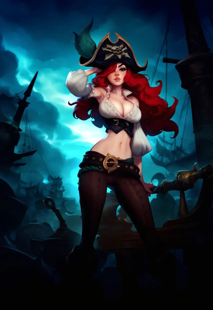 Image female,red_hair,ai_generated,cleavage,tight_clothing,league_of_legends,miss_fortune,pumpkinseed