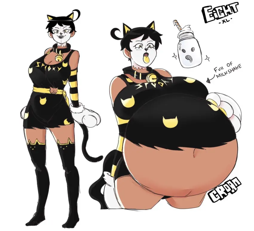 Image 1girls,female,cat_ears,belly,huge_belly,fat,onomatopoeia,stuffed_belly,eightxl,fizz_(eightxl),cat_costume