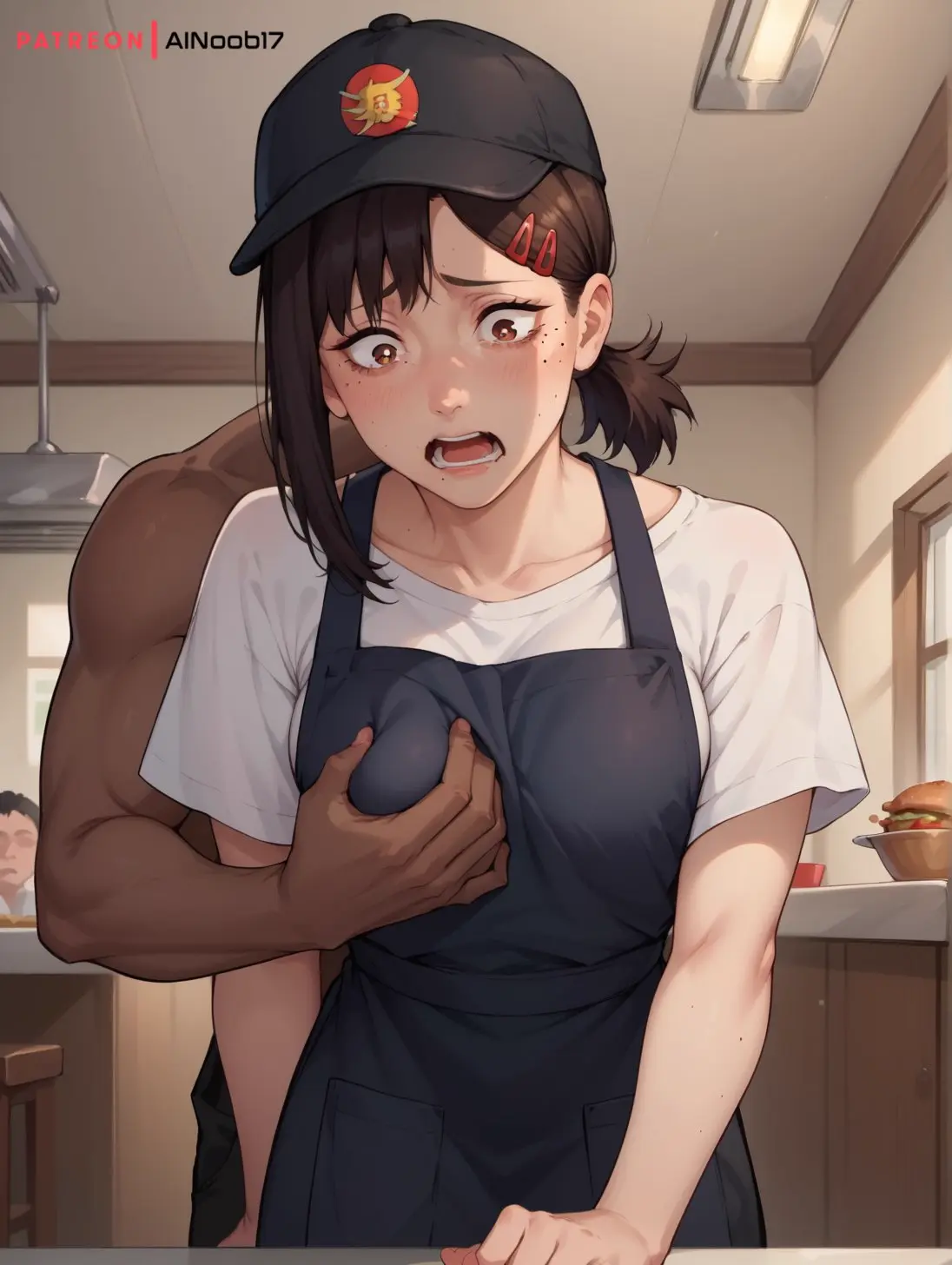 Image 1girls,female,1boy,male,straight,female_focus,dark-skinned_male,ai_generated,solo_focus,stable_diffusion,mole,dark_hair,grabbing,grabbing_from_behind,forced,rape,molestation,nervous,chainsaw_man,higashiyama_kobeni,ashamed,hair_clips,ainoob17