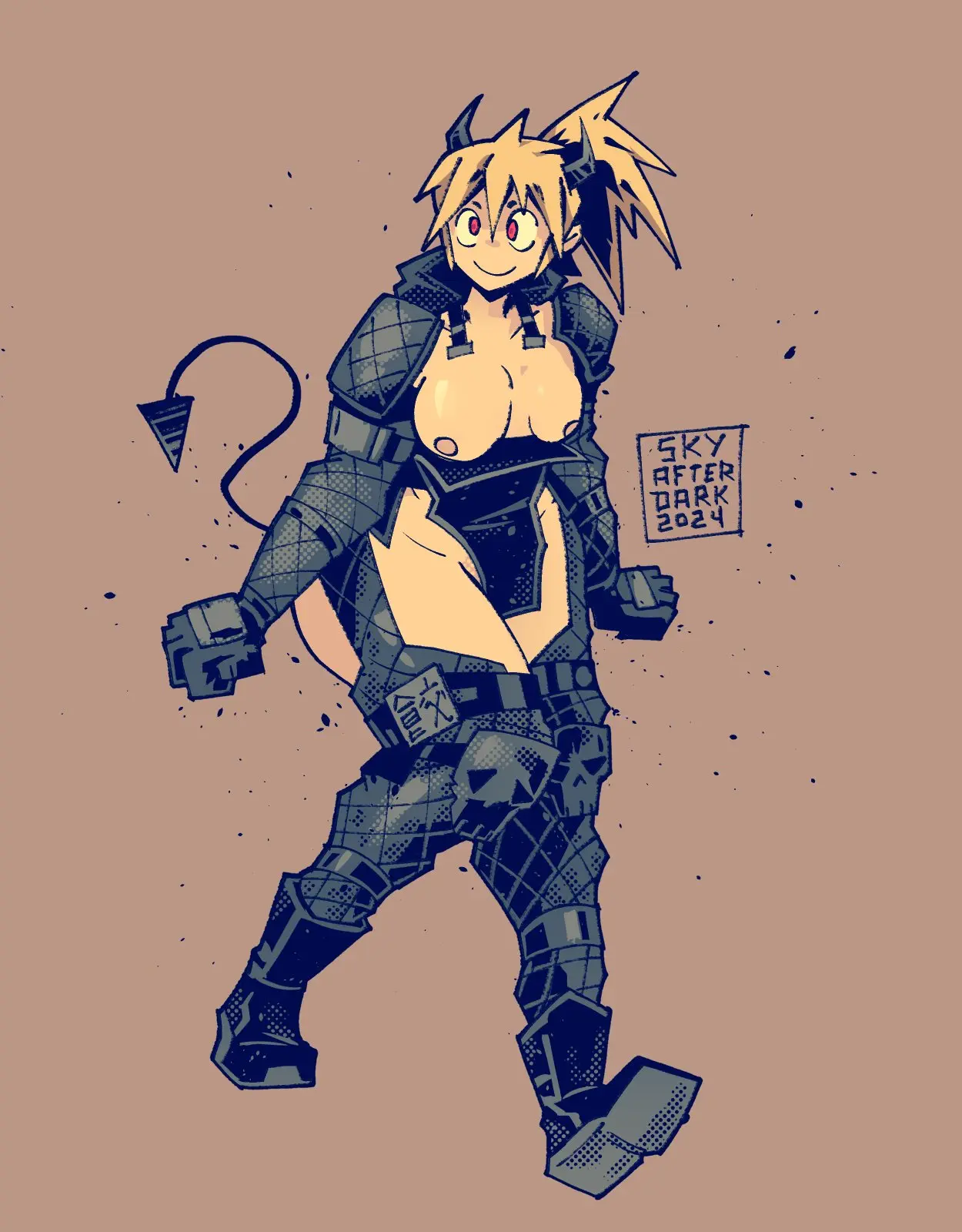 Image 1girls,breasts,breasts_out,female,nipples,red_eyes,smile,solo,gloves,demon_tail,ponytail,blonde_hair,demon_horns,revealing_clothes,japanese_text,boots,walking,armor,dorohedoro,solid_color_background,shoulder_pads,silly_face,skyafterdark,goofy_smile,nikaido