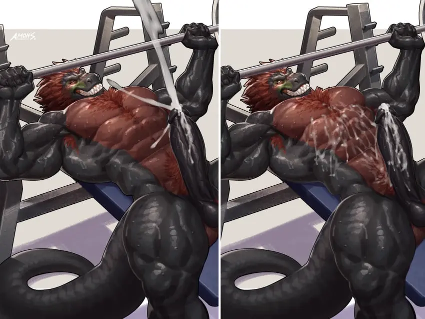 Image hi_res,solo,1boy,cum,male,nude,penis,sweat,red_hair,big_penis,muscular,muscular_male,male_only,teeth,hair,feathers,anthro,closed_eyes,ejaculation,clenched_teeth,genital_fluids,bodily_fluids,genitals,black_body,reptile,scales,scalie,cumshot,abs,hands-free,big_muscles,red_body,red_scales,black_scales,cum_on_self,body_hair,dinosaur,chest_hair,cum_on_chest,theropod,tyrannosaurid,tyrannosauroid,tyrannosaurus,exercise,barbell,weights,workout,weightlifting,cum_on_own_chest,feathered_dinosaur,feathered_scalie,amon-sydonai,tagg,weight_bench