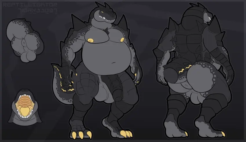 Image hi_res,nipples,open_mouth,male,penis,tail,ass,big_butt,big_penis,feet,belly,big_belly,digital_media_(artwork),balls,anthro,text,anus,mythology,absurd_res,genitals,grey_body,black_body,english_text,5_fingers,reptile,scales,scalie,fingers,toes,hybrid,mythological_creature,dragon,mythological_scalie,spikes,overweight,overweight_male,puffy_anus,3_toes,penile_spines,crocodilian,big_tail,yellow_nipples,spines,alligatorid,alligator,danzer_(reptilligator),hebrew_text,reptilligator