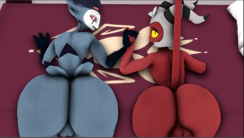 Image hand_holding,male,lying,ass,big_butt,looking_back,thick_thighs,duo,male/male,demon,3d,red_skin,ass_up,avian,bird,owl,helluva_boss,red_body,valorlynz,source_filmmaker,imp,on_front,assisted_exposure,moxxie_(helluva_boss),stolas_(helluva_boss),18+_adults_only_sign,shinyagaia