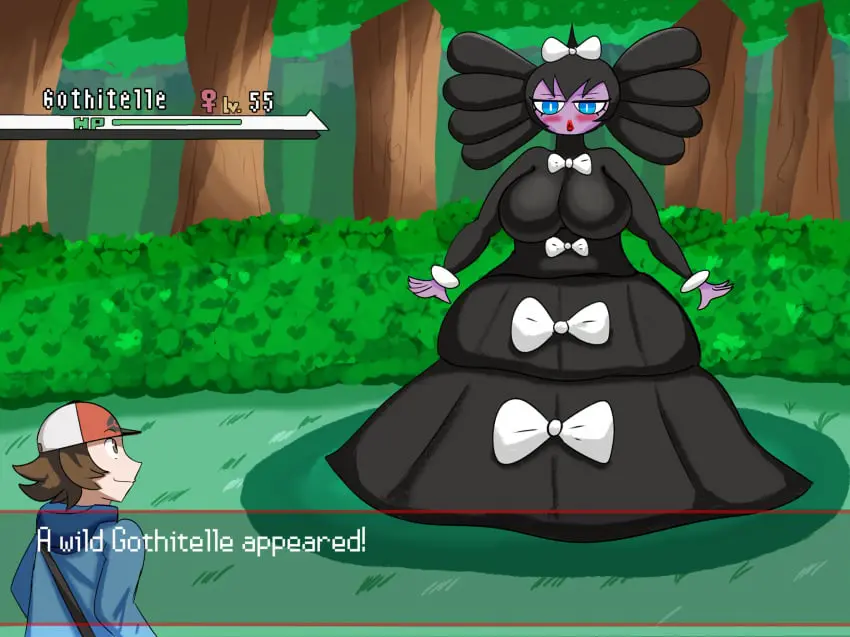 Image 1girls,blush,bow,breasts,brown_eyes,female,hairbow,large_breasts,1boy,black_hair,blue_eyes,male,pokemon,pokemon_(species),female_focus,voluptuous,purple_skin,text,voluptuous_female,dress,brown_hair,nintendo,english_text,tree,goth,goth_girl,bowtie,gameplay_mechanics,gothic,venus_symbol,pokemon_trainer,bush,trees,gamefreak,gothitelle,hilbert_(pokemon),mackdazzle