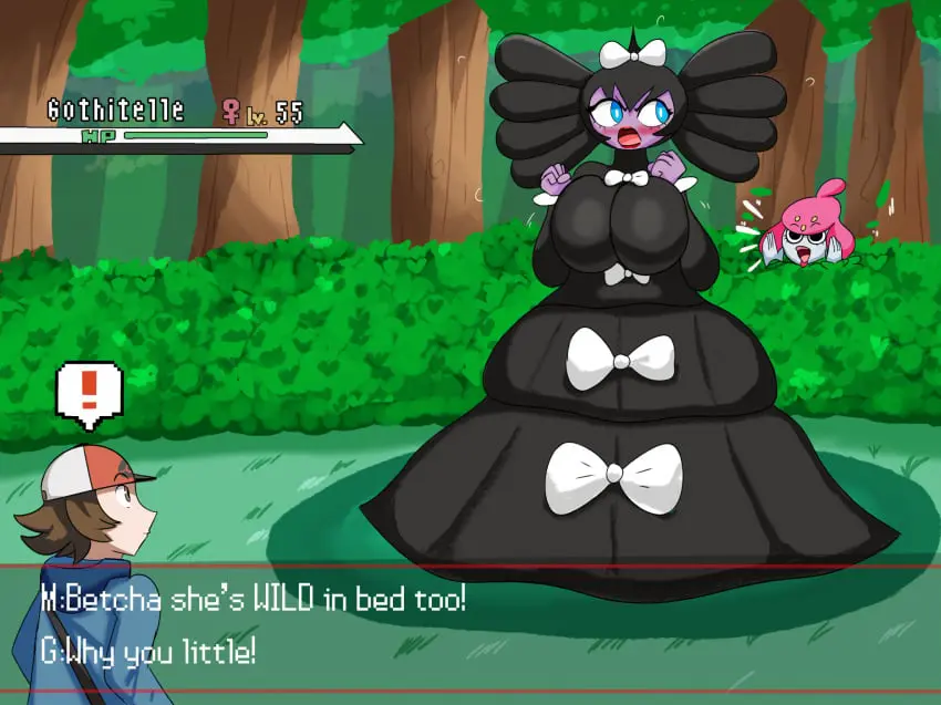 Image blush,bow,breasts,brown_eyes,female,female_only,hairbow,large_breasts,1boy,2girls,black_hair,blue_eyes,male,pokemon,pokemon_(species),voluptuous,purple_skin,text,voluptuous_female,dress,brown_hair,nintendo,lipstick,english_text,generation_5_pokemon,tree,goth,goth_girl,bowtie,gameplay_mechanics,!,pokephilia,gothic,venus_symbol,pokemon_trainer,exclamation_point,bush,trees,bushes,gamefreak,gothitelle,hilbert_(pokemon),mackdazzle,medicham,squishing_breasts