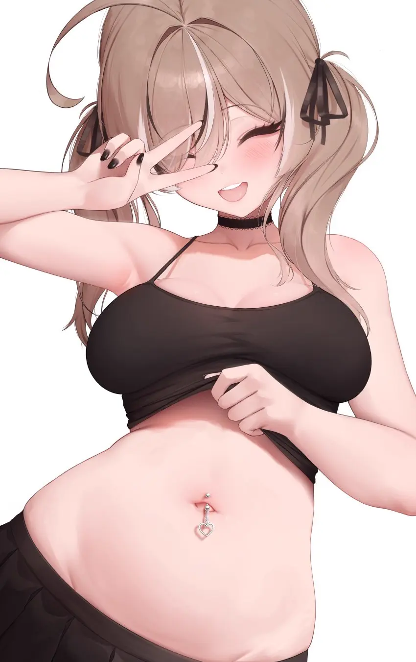 Image 1girls,breasts,female,large_breasts,light-skinned_female,light_skin,long_hair,navel,virtual_youtuber,belly_button,midriff,brown_hair,hololive,twintails,hololive_english,hololive_english_-council-,hololive_english_-promise-,belly_button_piercing,nanashi_mumei,top_lift,prab
