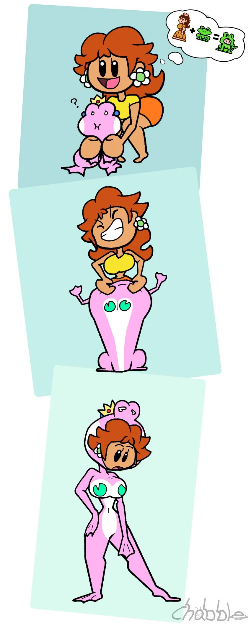 Image female,standing,white_background,swimsuit,mario_(series),princess_daisy,self_upload,rubber_clothing,yuri,bodysuit,2024,princess_peach,2020s,green_background,signature,purple_clothing,feral,crown,stretching,vore,png,super_mario_bros.,webbed_hands,amphibian,frog,rubber,rubber_suit,alternate_species,chabble,sprite,webbed_feet,pink_bodysuit,sprite_art,frog_girl,frog_suit,super_mario_bros._3,accidental_vore,forced_vore,living_clothes,mouthful_mode,pink_rubber,stretched_mouth,unaware_prey,unwilling_pred,wearing_partner,wetsuit