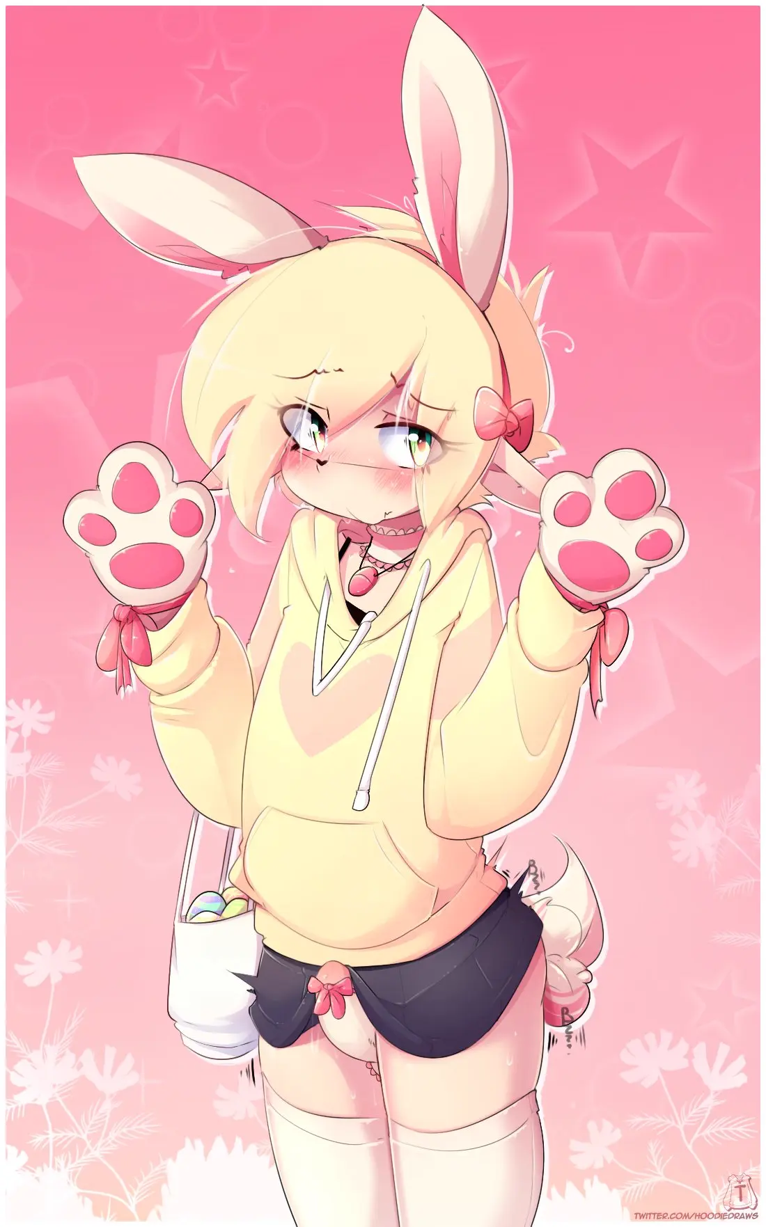 Image solo,1boy,male,short_hair,thighhighs,furry,femboy,2d,blonde_hair,elf,bunny_ears,elf_ears,easter,eggs,elf_male,hoodie_(artist),max_(hoodie)