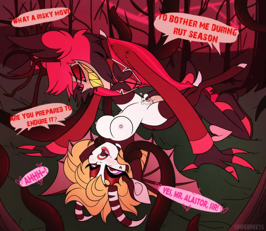 Image 1girls,female,1boy,male,male/female,text,tagme,demon,demon_girl,alastor_(hazbin_hotel),hazbin_hotel,mating_season,lady_g_valentine,deerrnoc