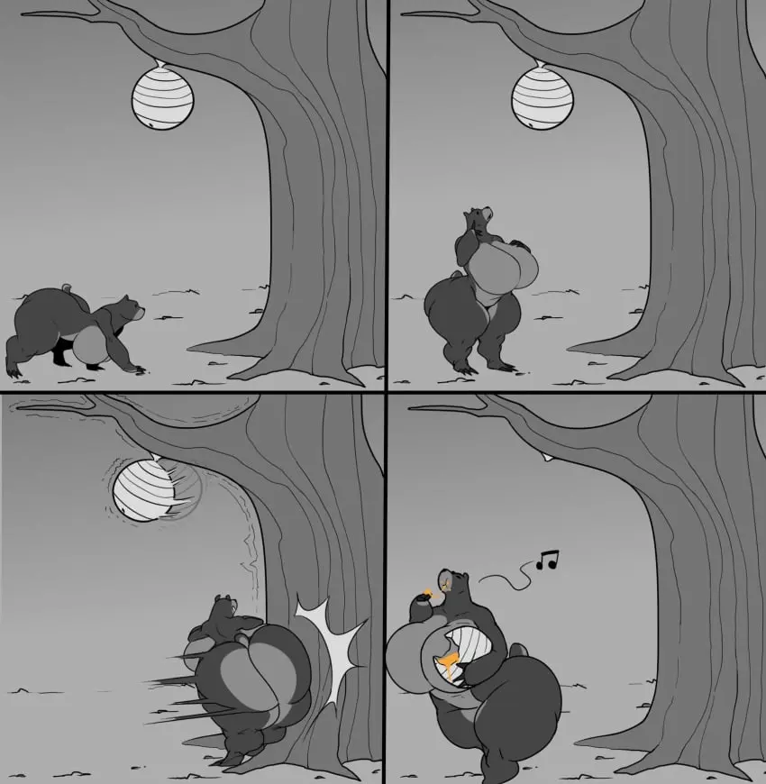 Image thick_thighs,wide_hips,anthro,naked,black_and_white,comic,bimbo,bear,giant_breasts,giant_ass,no_nipples,honey,4_panel_comic,butt_slam