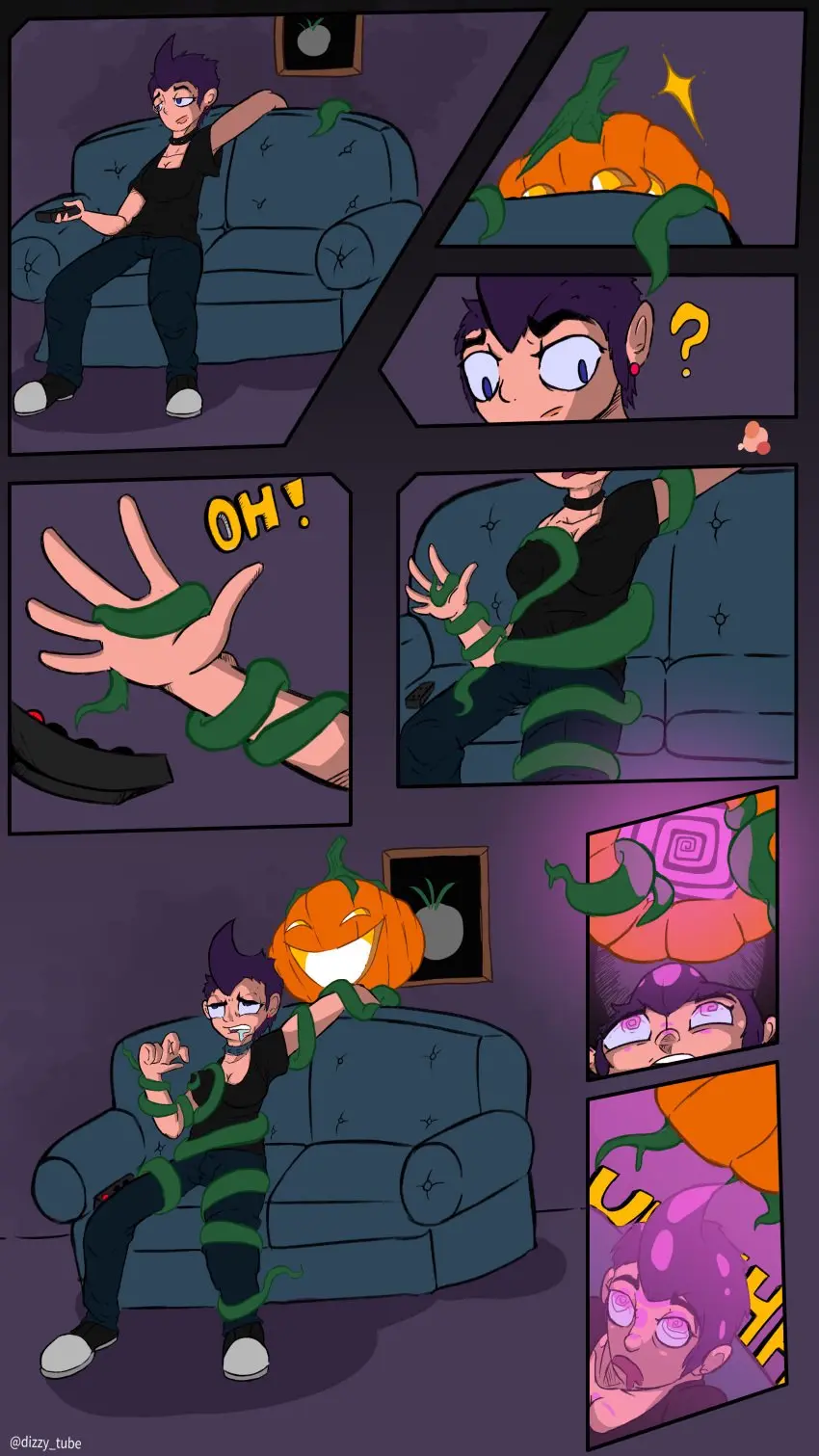Image clothed,female,female_only,solo,short_hair,drool,monster,purple_hair,tentacle,femsub,halloween,androgynous,spiral_eyes,spiral,symbol_in_eyes,nightmare_fuel,pumpkin,dazed,dizzytube,androgynous_dom