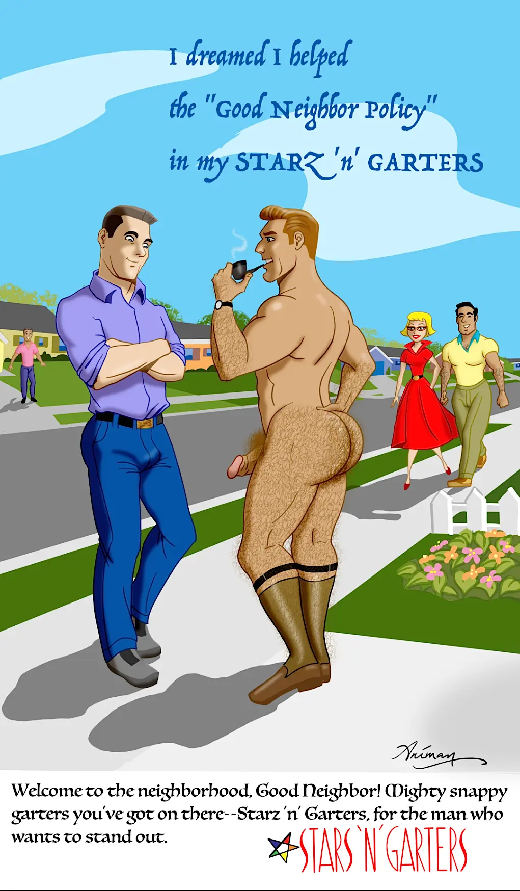 Image 1girls,female,grey_hair,pants,shirt,black_hair,male,penis,2boys,glasses,blonde_hair,naked,dress,brown_hair,erection_under_clothes,lipstick,fence,shoes,4boys,watch,ass_hair,leg_hair,house,flowers,smoking_pipe,ball_hair,animan,animanstudios,stars_'n'_garters,suburb