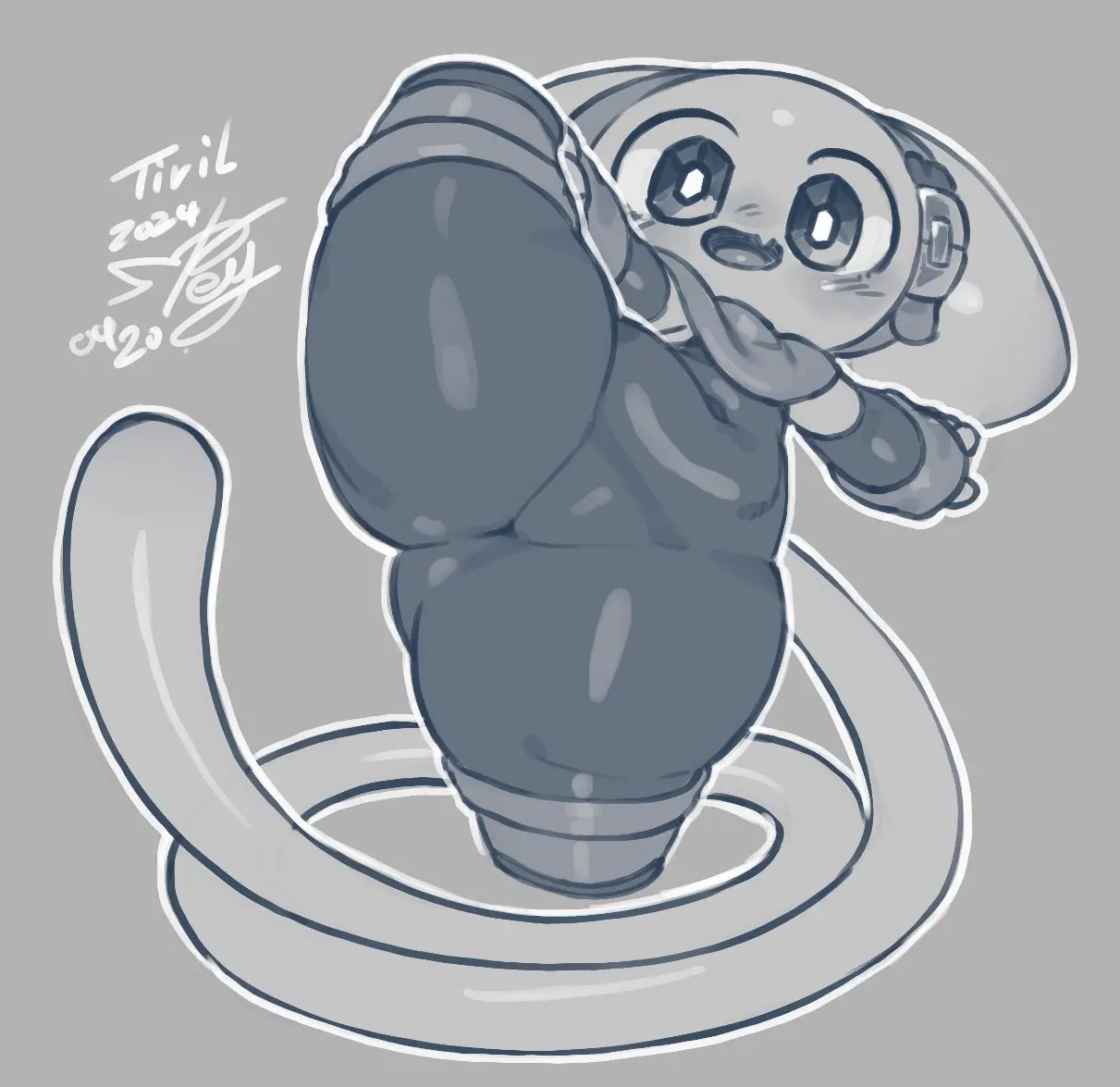 Image blush,open_mouth,smile,solo,tail,cute_fang,furry,thick_thighs,thighs,white_skin,smiling,smiling_at_viewer,belly_button,happy,ambiguous_gender,cute,presenting,black_and_white,artist_signature,tight_clothing,shortstack,2024,white_body,2020s,cute_face,alien,one_leg_up,plump_thighs,character_name,tights,thick_tail,one_leg_raised,keyhat_tk10,tiril_(keyhat_tk10),holding_leg_up,presenting_crotch,tiril