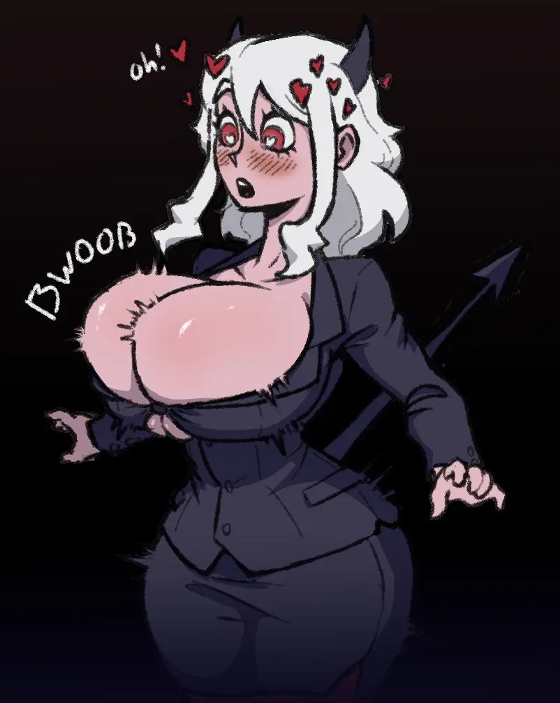 Image 1girls,big_breasts,breasts,female,white_hair,heart-shaped_pupils,demon_tail,demon_horns,heart,helltaker,breast_expansion,shabingad,modeus_(helltaker)