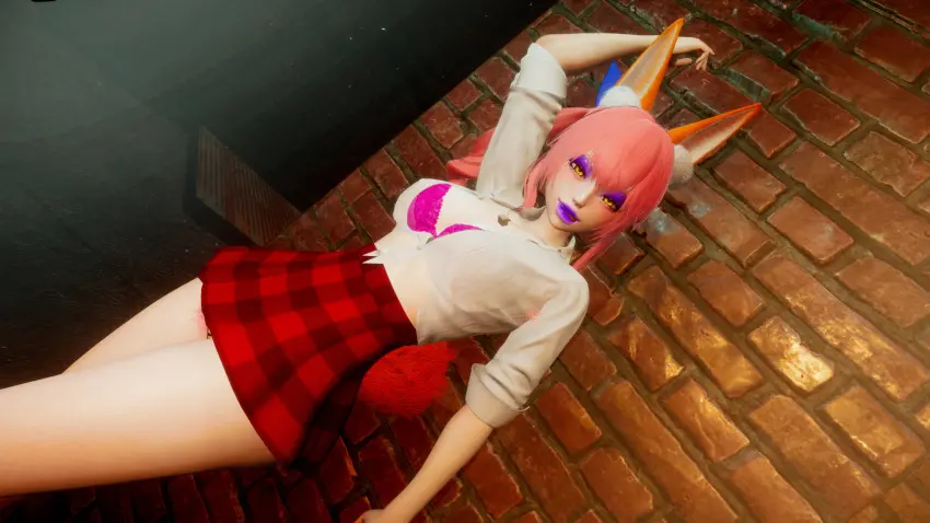Image female,shirt,bra,cleavage,miniskirt,makeup,lipstick,transformation,fate_(series),gyaru,tamamo_no_mae_(fate),deilw,mid-transformation