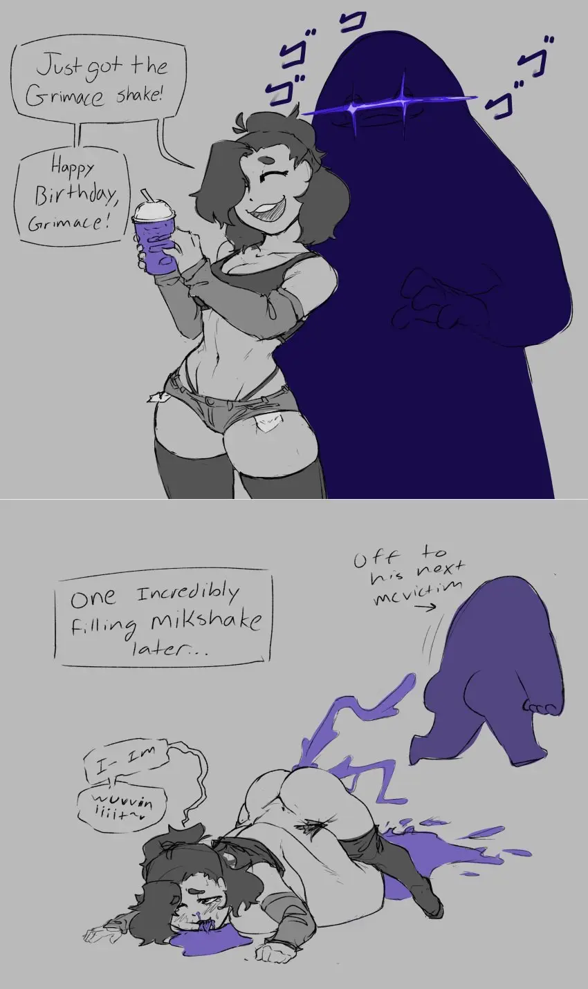 Image 1girls,female,1boy,male,straight,ass,belly,text,after_sex,cumflation,dialogue,english_text,cumflated_belly,rape,grey_background,text_bubble,english,bloated_belly,instant_loss_2koma,mcdonald's,cum_spill,instant_loss,shabingad,grimace_(mcdonald's),grimace_shake