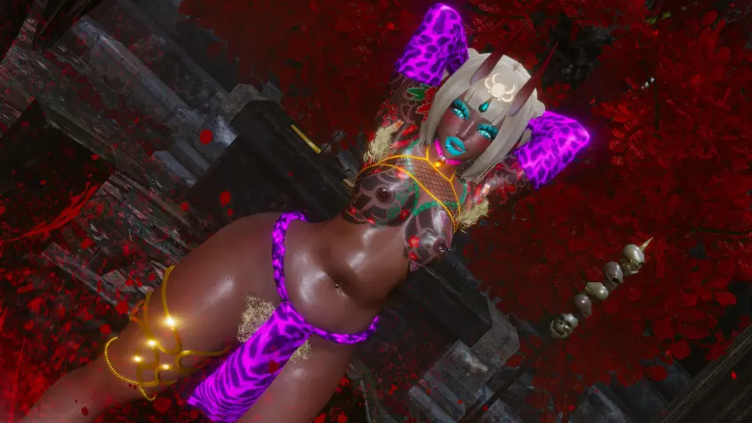Image female,shirt,bra,dark_skin,cleavage,dark-skinned_female,miniskirt,makeup,lipstick,transformation,fate_(series),ass_expansion,breast_expansion,hair_growth,thigh_expansion,ebonization,lip_expansion,race_swap,hair_color_change,gyaru,ganguro,deilw,mid-transformation,gyarufication,ibaraki_douji_(fate)