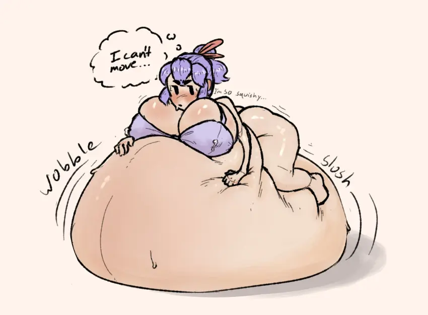 Image 1girls,big_breasts,breasts,female,bra,thighs,belly,huge_belly,text,thought_bubble,bloated_belly,hyper_belly,immobile,shabingad,water_weight