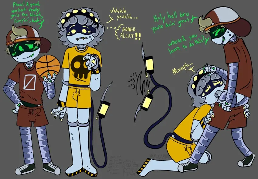 Image blush,grey_hair,mostly_clothed,male,oral,penis,tail,yellow_eyes,hat,headwear,male/male,male_only,green_eyes,gay,blowjob,dialogue,claws,fangs,on_knees,skinny,young,non-human,toony,shoes,toony_face,red_clothing,robot,sucking_penis,non-human_only,yellow_clothing,gym_clothes,android,murder_drones,tailwag,dirty_blonde_hair,mechanical,n_(murder_drones),wywyrm,basketball,thad_(murder_drones)