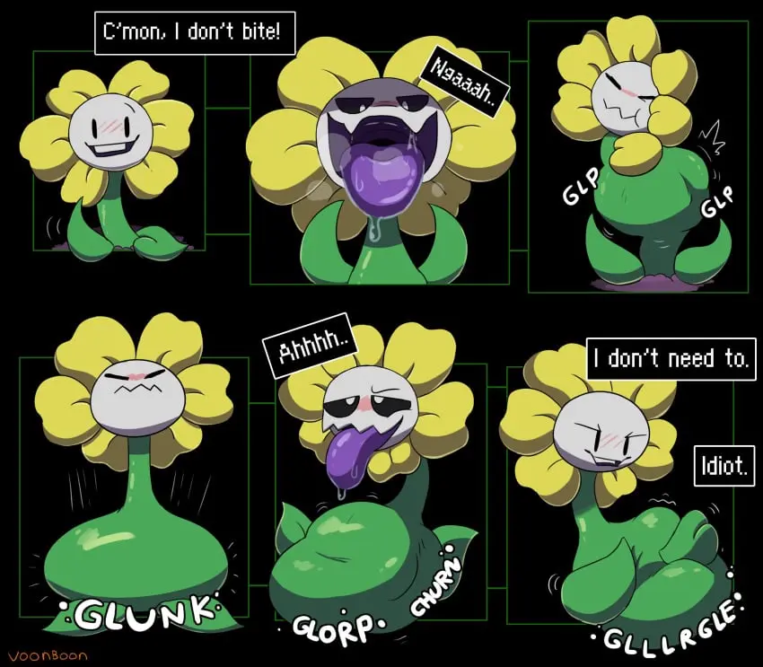 Image blush,1boy,male,oral,tongue,male_only,text,saliva,pov,flower,text_box,plant,undertale,male_pred,vore,oral_vore,flowey_the_flower,plant_vore,mouth_shot,toby_fox,voonboon