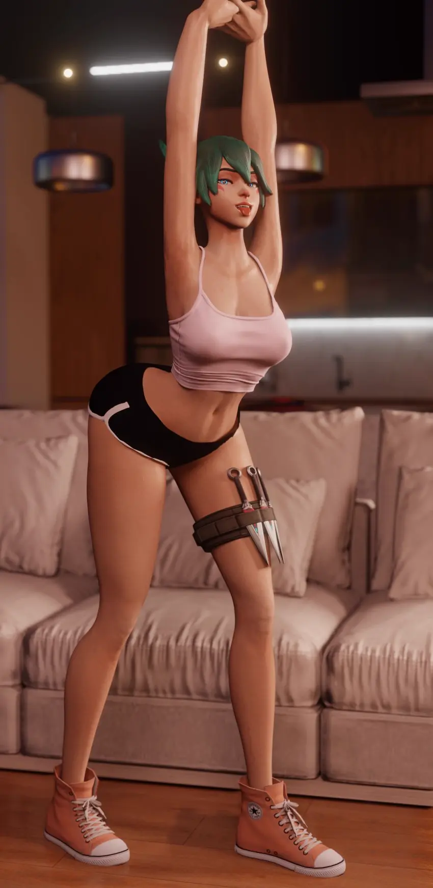 Image female,blue_eyes,tongue_out,smiling,tagme,3d,green_hair,glowing_eyes,shorts,kiriko_(overwatch),overwatch,overwatch_2,stretching,casual,sneakers,converse,cammy_stretch,murky_mucky