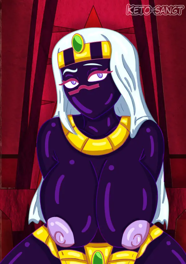 Image 1girls,big_breasts,breasts,female,female_only,looking_at_viewer,nipples,solo,white_hair,humanoid,artist_name,jewelry,nude_female,purple_eyes,black_body,belt,topless_female,facial_mark,alien,alien_girl,crown,no_visible_genitalia,looney_tunes,warner_brothers,alien_humanoid,duck_dodgers,martian,martian_(duck_dodgers),queen_tyr'ahnee,throne_room,armbands,crown_only,keto-sangt