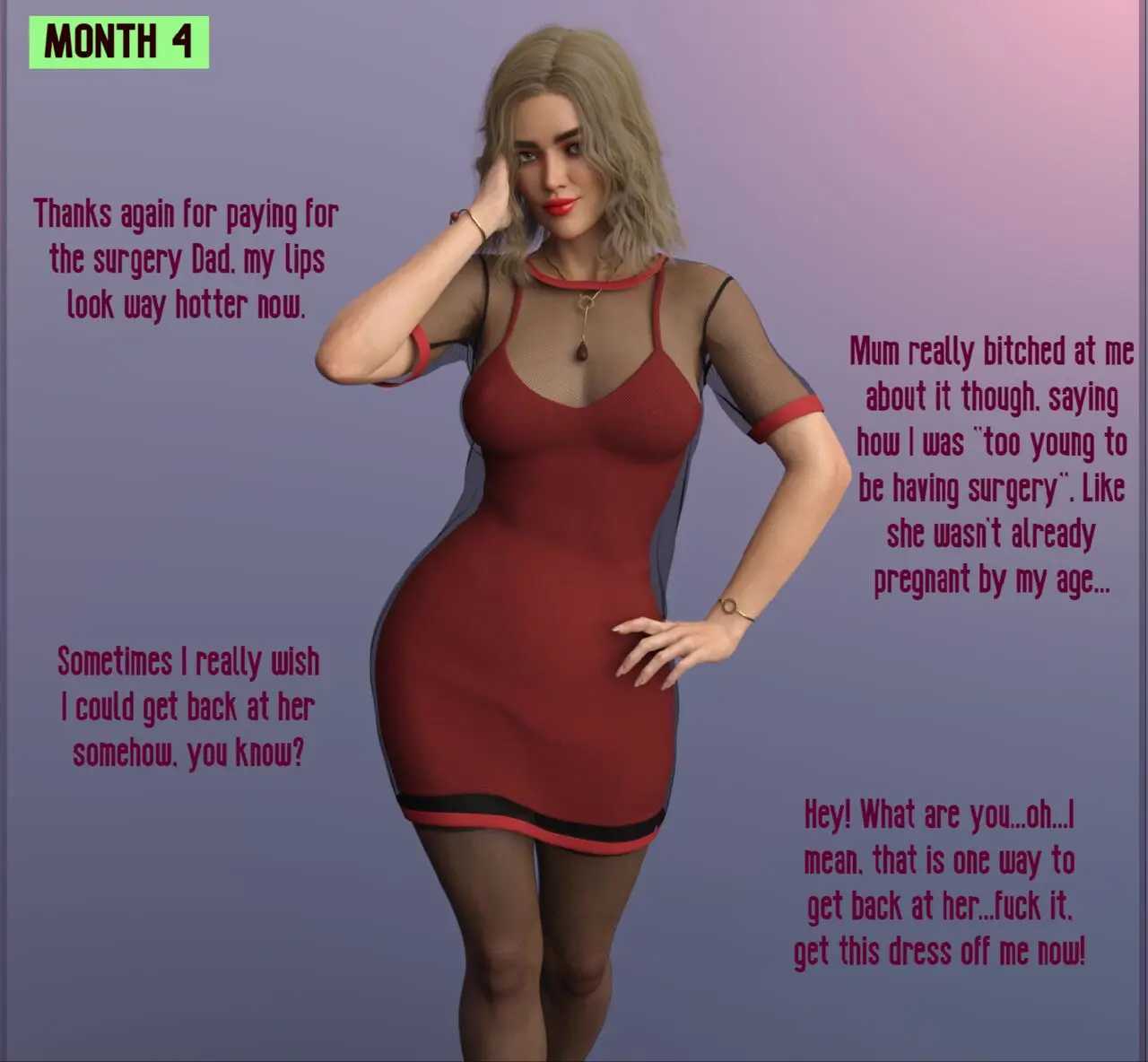 Image female,male,blonde_hair,original,3d,comic,incest,lipstick,femsub,transformation,ass_expansion,breast_expansion,maledom,punk,corruption,bimbofication,step-incest,implied_incest,mid-transformation,ultspd,stepfather_and_stepdaughter