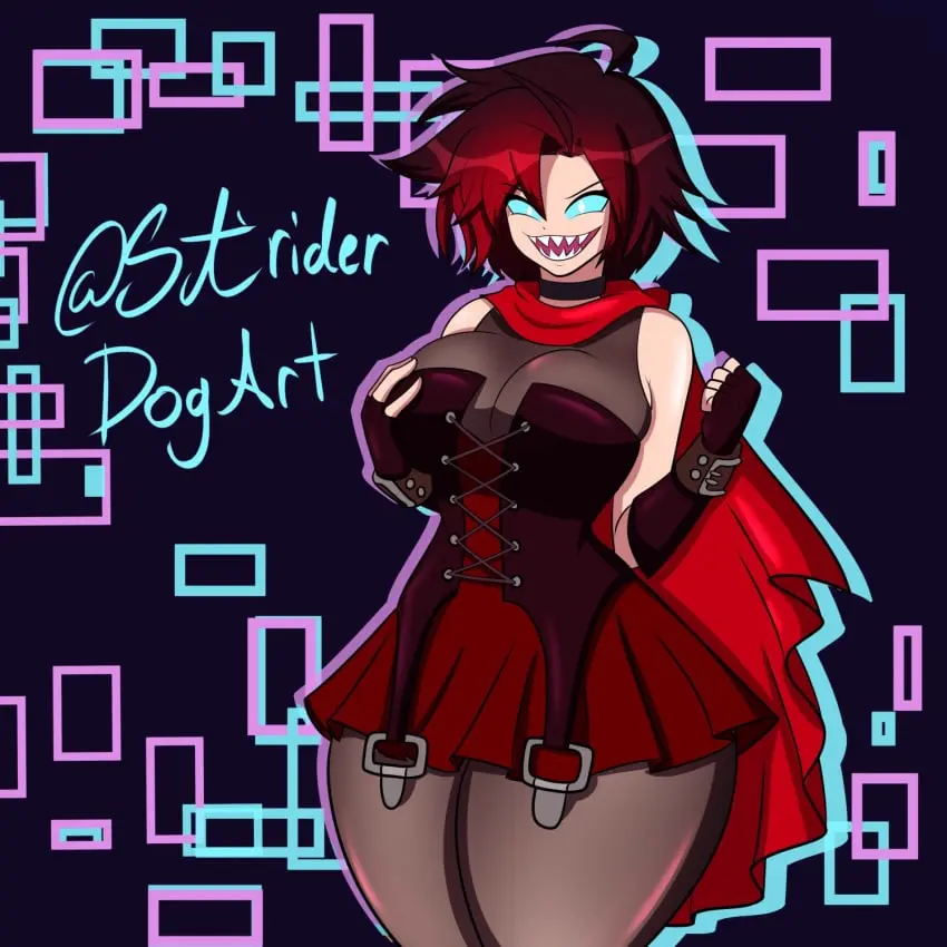 Image 1girls,breasts,female,female_only,large_breasts,smile,solo,male,cleavage,sharp_teeth,alternate_breast_size,breast_grab,corset,possession,grabbing_own_breast,rwby,ruby_rose,possessed,curious_cat_(rwby),male_in_female_body,striderdogart,playing_with_own_breasts