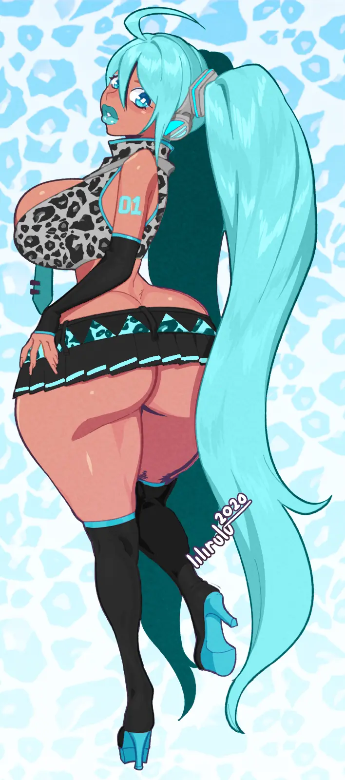 Image breasts,female,female_only,looking_at_viewer,simple_background,solo,very_long_hair,blue_hair,thighhighs,ass,huge_ass,looking_back,tan_skin,cleavage,sideboob,tattoo,huge_breasts,nail_polish,hand_on_hip,twintails,miniskirt,high_heels,no_panties,makeup,lipstick,hatsune_miku,vocaloid,signature,femsub,tank_top,tie,leopard_print,long_nails,arm_warmers,huge_hips,blue_lipstick,kneehighs,ebonization,bimbofication,huge_lips,blackwashed,lilirulu,manip