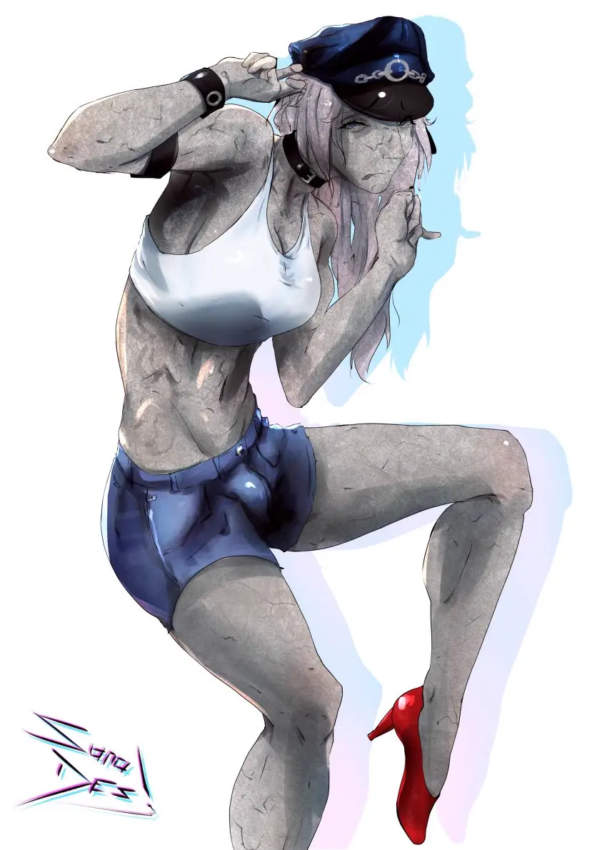 Image solo,hat,1futa,futanari,intersex,armpits,pink_hair,futa_only,bulge,high_heels,leg_up,commission,tank_top,street_fighter,short_shorts,stone_skin,final_fight,poison_(final_fight),police_hat,statue,petrification,furan_sonoda