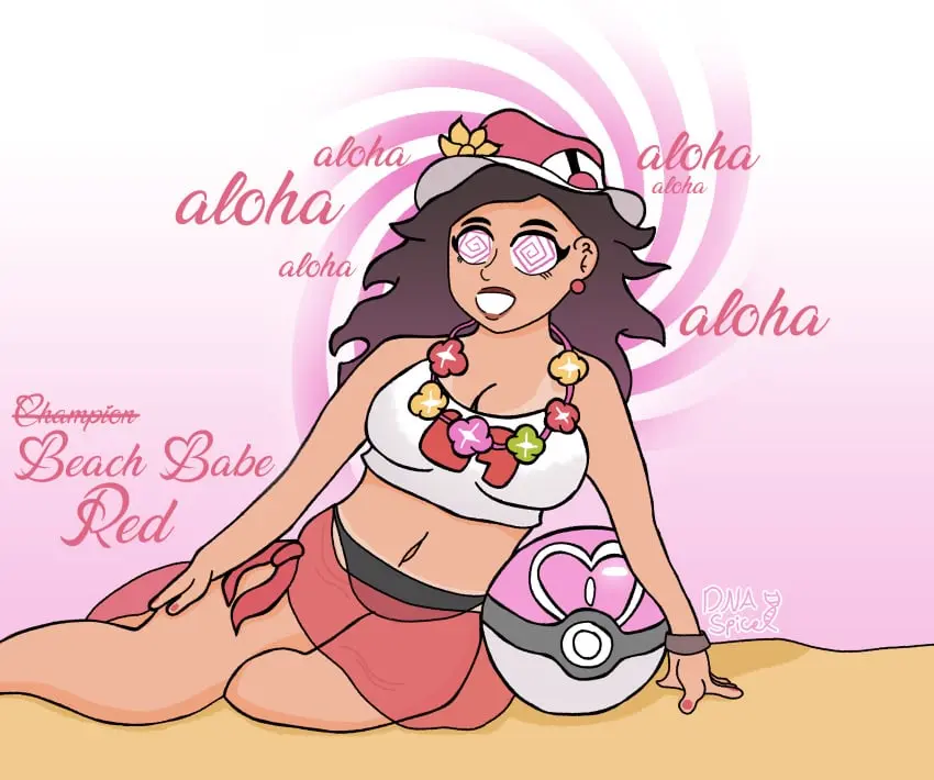 Image 1girls,breasts,female,smile,absurdres,navel,pokemon,underwear,earrings,hat,thighs,beach,tan_skin,eyelashes,gradient_background,text,pink_eyes,dress,nail_polish,necklace,brown_hair,tan_lines,nintendo,bracelet,lipstick,femsub,transformation,rule_63,feminization,pokeball,pokemon_sm,alternate_hair_color,trans_woman,transfem,spiral_eyes,spiral,pokemon_rgby,bimbofication,red_(pokemon),dnaspice