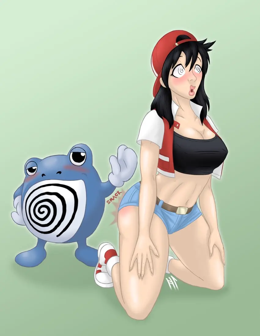Image blush,breasts,female,large_breasts,long_hair,absurdres,black_hair,pokemon,pokemon_(species),hat,kneeling,midriff,nintendo,smug,jacket,smirk,femsub,rule_63,short_shorts,spanking,spiral_eyes,pokemon_trainer,pokemon_rgby,symbol_in_eyes,dazed,red_(pokemon),hypnolion,pokemon_adventures,poliwhirl