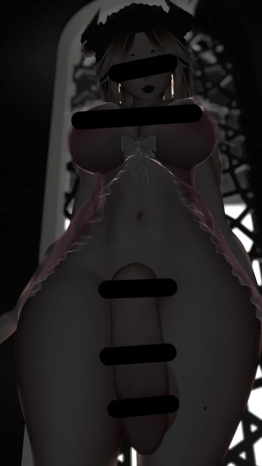 Image penis,big_penis,futanari,intersex,lingerie,blonde_hair,3d,hourglass_figure,horn,censor_bar,white_body,black_lips,vrchat,black_lip