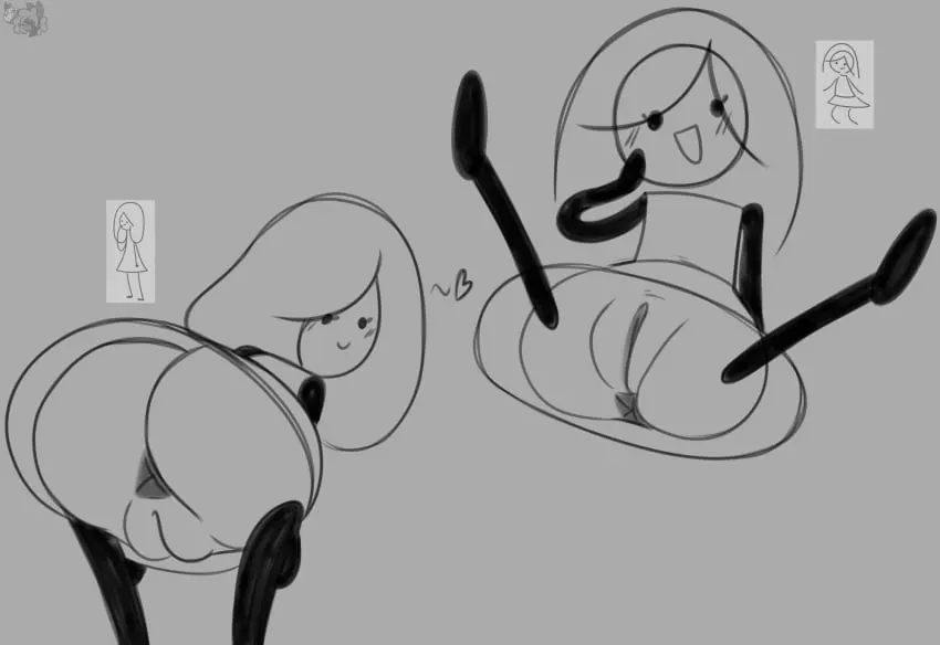 Image blush,female,looking_at_viewer,2girls,multiple_girls,pussy,ass,smiling,hair,anus,spread_legs,spreading,heart,grey_background,showing_pussy,ebiinari,reference_image,mob_face,showing_ass,stick_figure,puffy_pussy,unknown_character,stick_legs